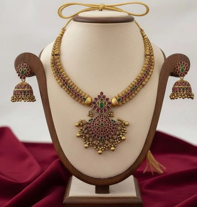 Traditional Antique Gold Choker Necklace Set with Earrings | Ruby Green Stone