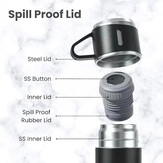Pack of 1 Vacuum Flask Set with 2 Cups, Double Wall Stainless Steel Thermo 500ml Vacuum Insulated Bottle