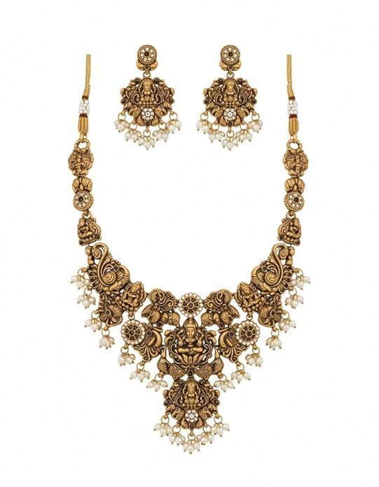 Gold-Plated Temple Jewelry Set with Lakshmi Necklace and Jhumka Earrings – Antique Finish Ruby & Emerald Bridal Jewelry for Weddings & Festivals