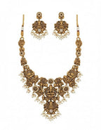 Gold-Plated Temple Jewelry Set with Lakshmi Necklace and Jhumka Earrings – Antique Finish Ruby & Emerald Bridal Jewelry for Weddings & Festivals