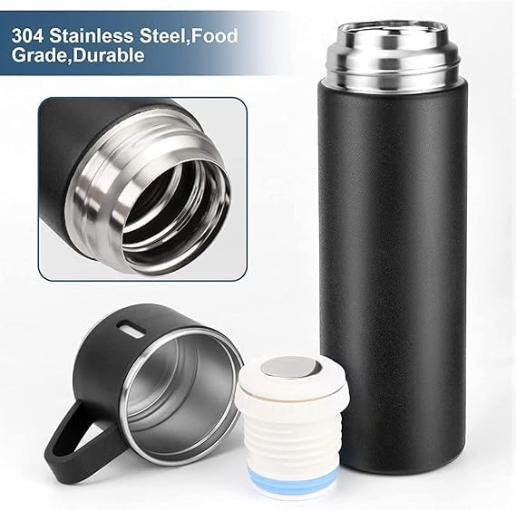 Pack of 1 Vacuum Flask Set with 2 Cups, Double Wall Stainless Steel Thermo 500ml Vacuum Insulated Bottle