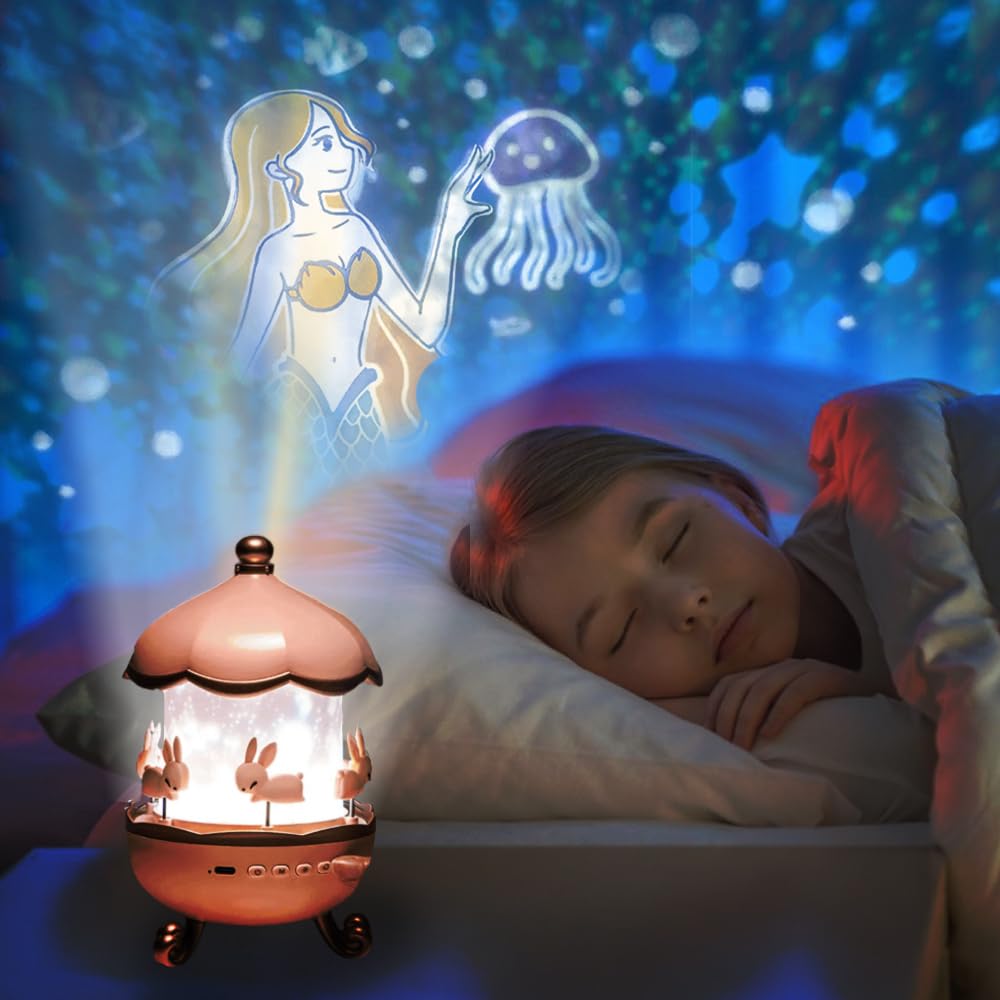 Night Light Rabbit Sky Projector for Kids360° Rotating Lamp with 6 Films, 5 Colors and Rechargeable Battery.(Night Light Projector)