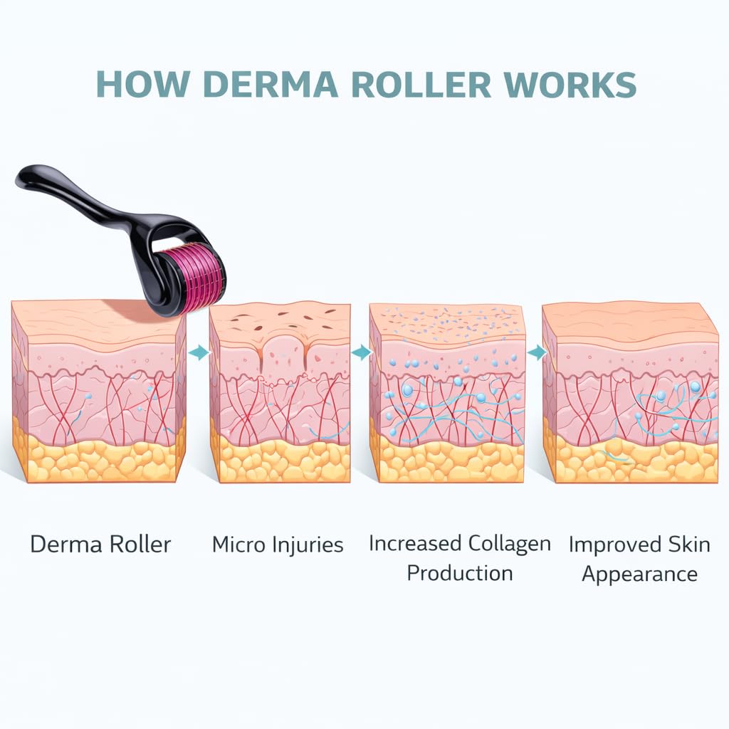 Derma Roller 1.00 mm with Disinfectant | With 540 Titanium Alloy Needles | Promotes Beard & Hair Growth & Reduces Acne Scars | Safe & Effective to Use