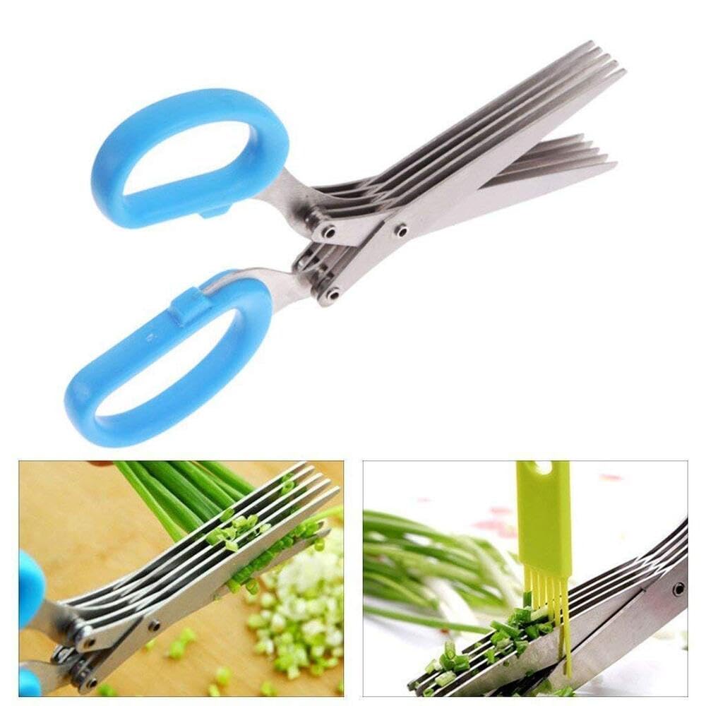 Stainless Steel 5-Blade Herb Scissors – Multi-Layer Coriander & Vegetable Cutter with Cleaning Brush