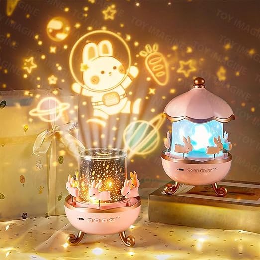Night Light Rabbit Sky Projector for Kids360° Rotating Lamp with 6 Films, 5 Colors and Rechargeable Battery.(Night Light Projector)