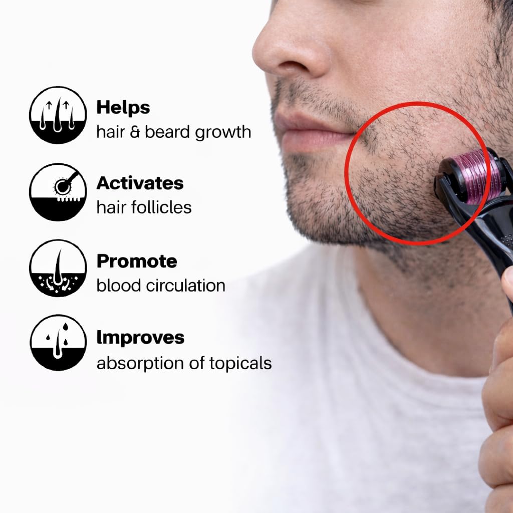 Derma Roller 1.00 mm with Disinfectant | With 540 Titanium Alloy Needles | Promotes Beard & Hair Growth & Reduces Acne Scars | Safe & Effective to Use