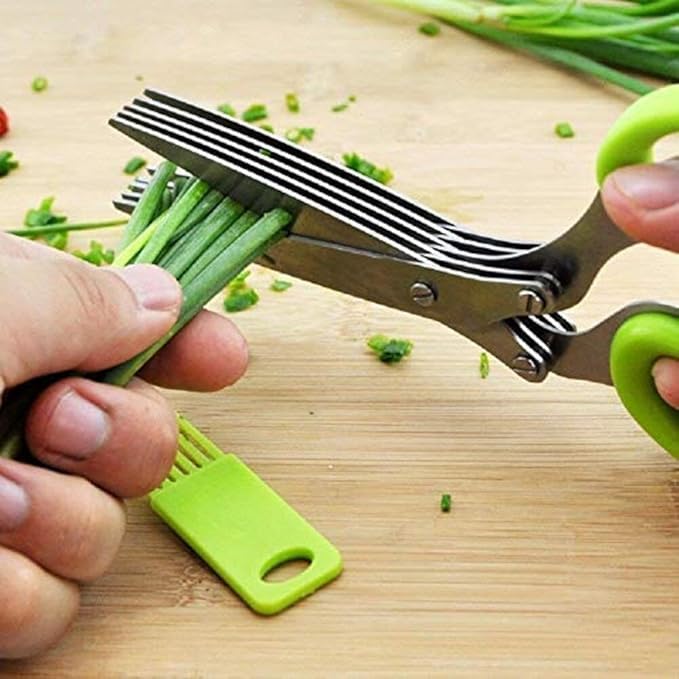 Stainless Steel 5-Blade Herb Scissors – Multi-Layer Coriander & Vegetable Cutter with Cleaning Brush
