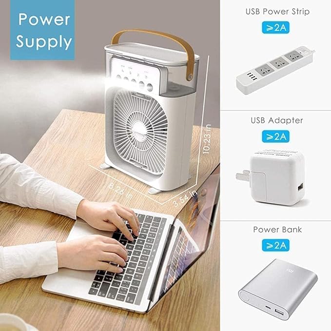 Portable Mini Air Cooler Fan for Room | Cooling Fan with 7-Color LED Light, 3 Speeds, 3 Spray Modes & 1/2/3H Timer | Compact AC Cooler Fan for Home, and multi use