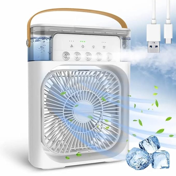 Portable Mini Air Cooler Fan for Room | Cooling Fan with 7-Color LED Light, 3 Speeds, 3 Spray Modes & 1/2/3H Timer | Compact AC Cooler Fan for Home, and multi use