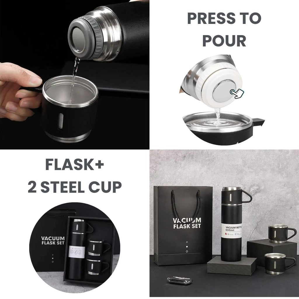 Pack of 1 Vacuum Flask Set with 2 Cups, Double Wall Stainless Steel Thermo 500ml Vacuum Insulated Bottle