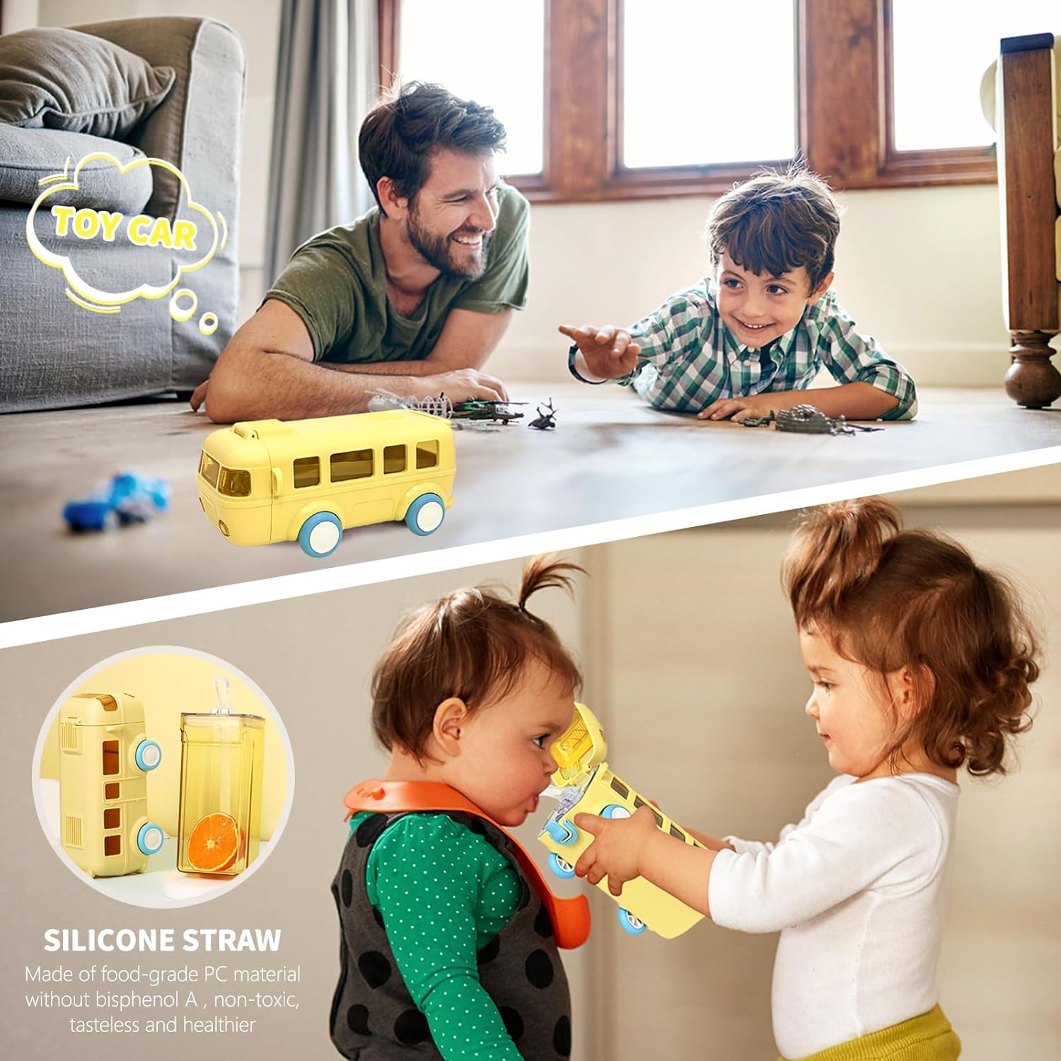Bus Shape Water Bottle For Kids With Strap Leak-Proof Cartoon Water Bottle With Wheels (3 Color), 500 ML