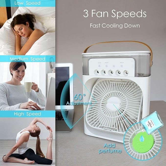 Portable Mini Air Cooler Fan for Room | Cooling Fan with 7-Color LED Light, 3 Speeds, 3 Spray Modes & 1/2/3H Timer | Compact AC Cooler Fan for Home, and multi use