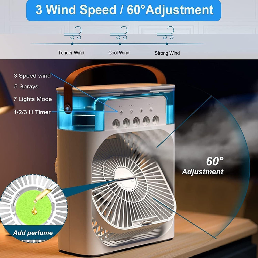 Portable Mini Air Cooler Fan for Room | Cooling Fan with 7-Color LED Light, 3 Speeds, 3 Spray Modes & 1/2/3H Timer | Compact AC Cooler Fan for Home, and multi use