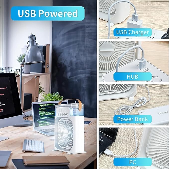 Portable Mini Air Cooler Fan for Room | Cooling Fan with 7-Color LED Light, 3 Speeds, 3 Spray Modes & 1/2/3H Timer | Compact AC Cooler Fan for Home, and multi use