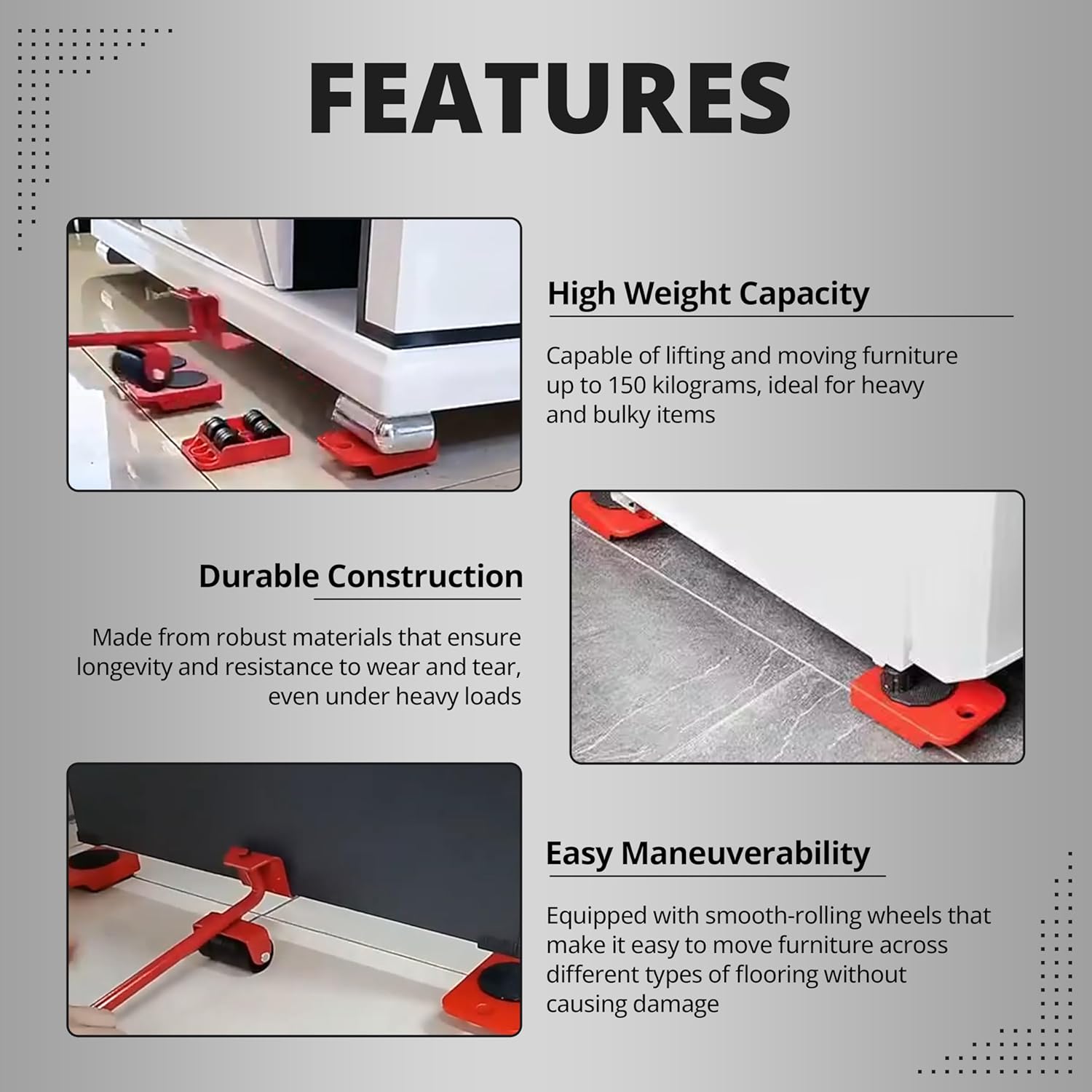 Furniture Lifter and Mover Tool Set, Wheels for Heavy Furniture, Heavy Appliances Mover for Home, Fridge Slider Wheel, 360° Rotational
