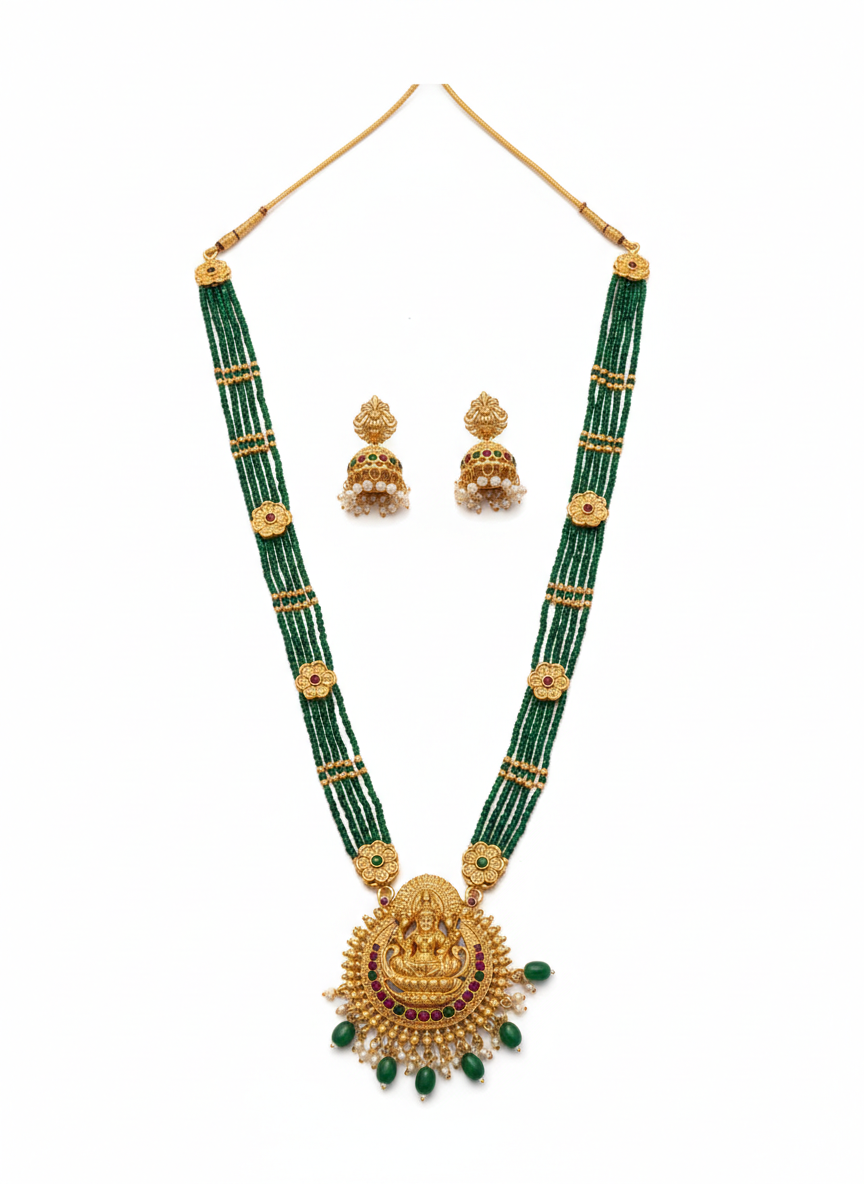 Green Beads Lakshmi Pendant Necklace Set for Women & Girls