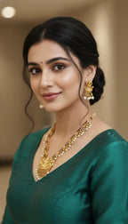 Gold-Plated Lakshmi Temple Jewellery Set for Women |Antique Finish with Ruby, Emerald & Pearl