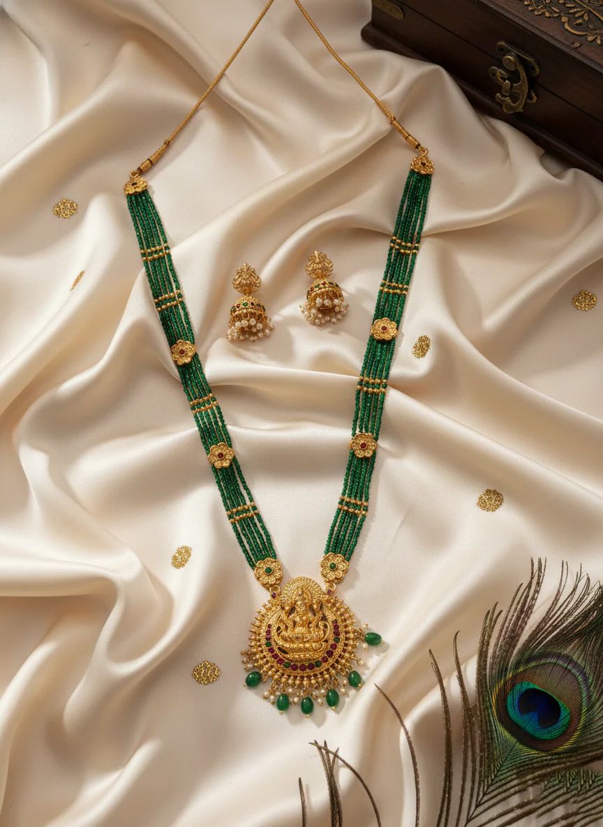 Green Beads Lakshmi Pendant Necklace Set for Women & Girls