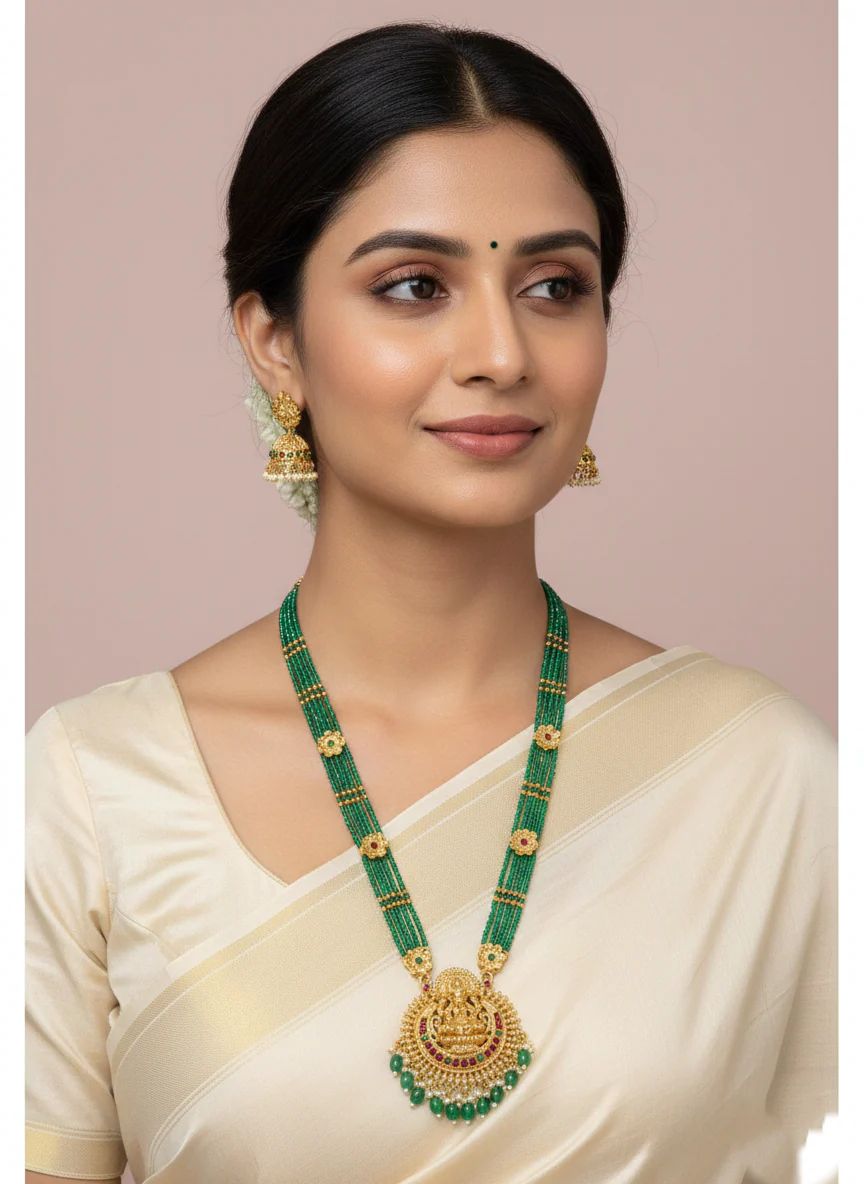 Green Beads Lakshmi Pendant Necklace Set for Women & Girls