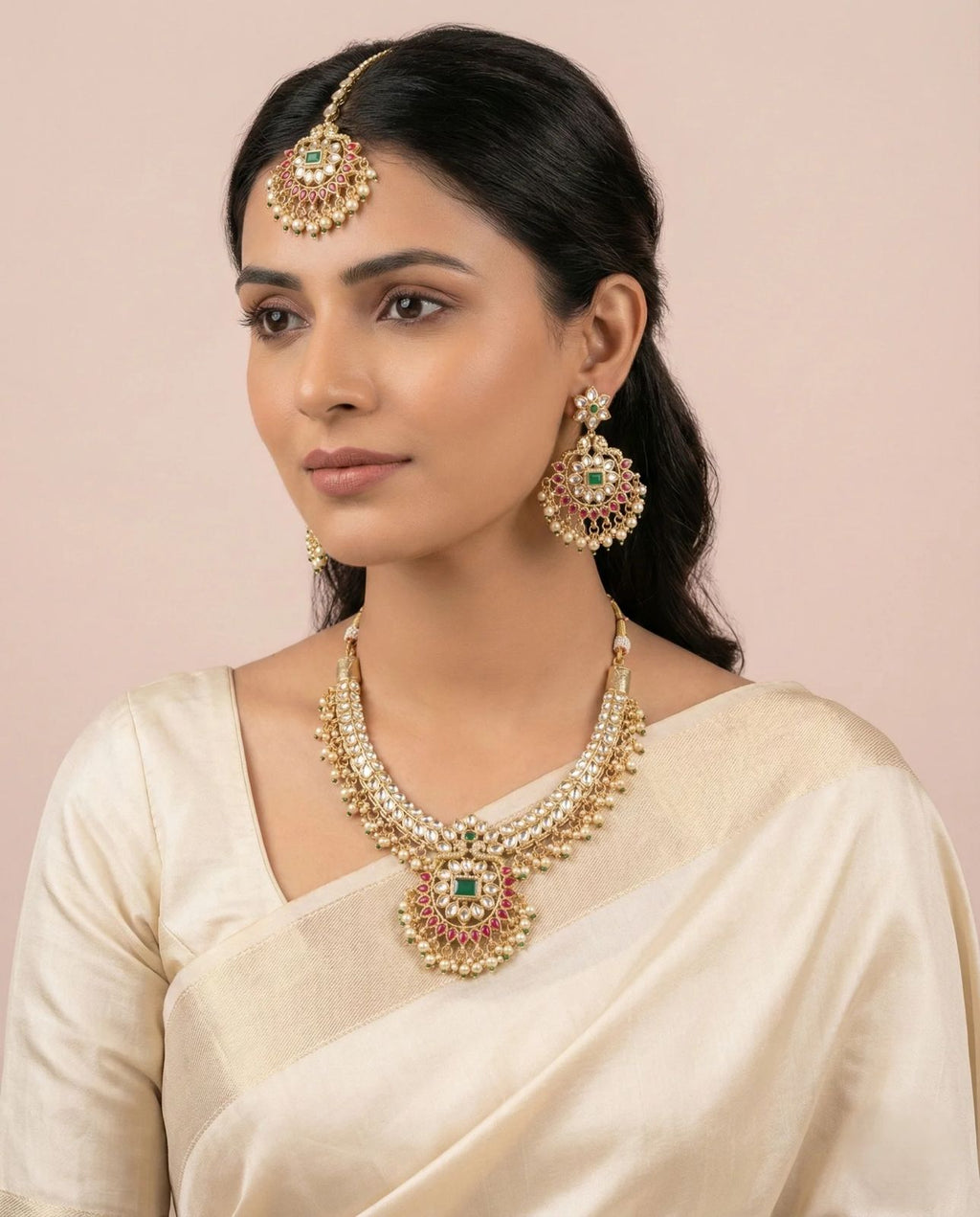 Kundan Bridal Necklace Set for Women – Red & Green Stone Wedding Jewellery with Maang Tikka