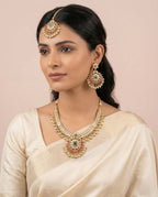 Kundan Bridal Necklace Set for Women – Red & Green Stone Wedding Jewellery with Maang Tikka