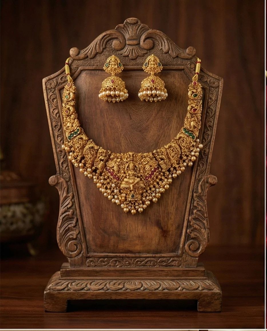 Traditional Indian Temple Jewelry Necklace Set with Goddess Lakshmi Design, Pearl Drops & Matching Jhumkas