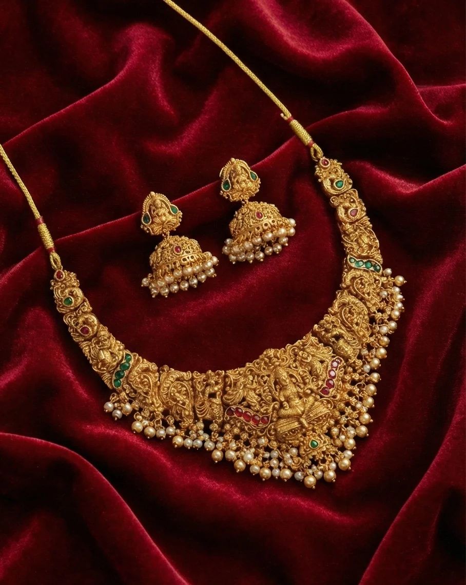 Traditional Indian Temple Jewelry Necklace Set with Goddess Lakshmi Design, Pearl Drops & Matching Jhumkas