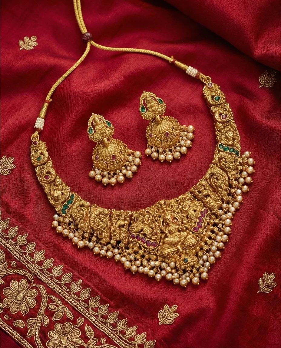 Traditional Indian Temple Jewelry Necklace Set with Goddess Lakshmi Design, Pearl Drops & Matching Jhumkas