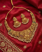 Traditional Indian Temple Jewelry Necklace Set with Goddess Lakshmi Design, Pearl Drops & Matching Jhumkas