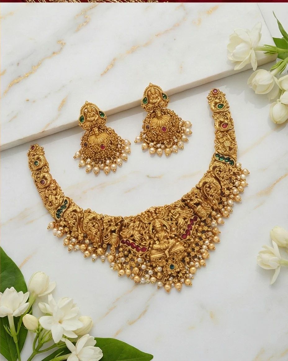 Traditional Indian Temple Jewelry Necklace Set with Goddess Lakshmi Design, Pearl Drops & Matching Jhumkas