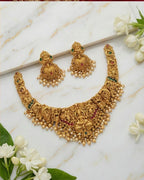 Traditional Indian Temple Jewelry Necklace Set with Goddess Lakshmi Design, Pearl Drops & Matching Jhumkas