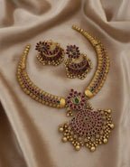 Traditional Antique Gold Choker Necklace Set with Earrings | Ruby Green Stone