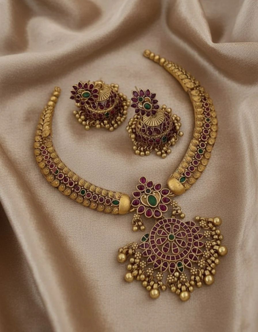 Traditional Antique Gold Choker Necklace Set with Earrings | Ruby Green Stone