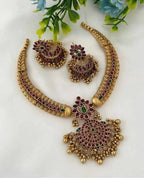 Traditional Antique Gold Choker Necklace Set with Earrings | Ruby Green Stone