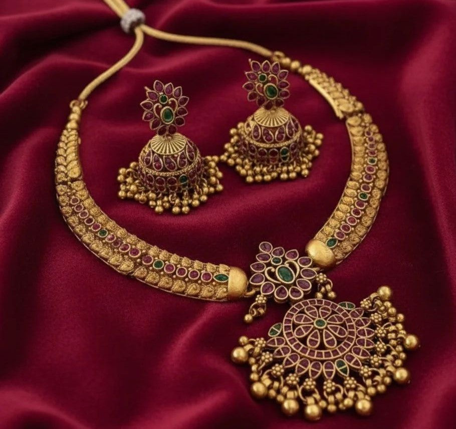 Traditional Antique Gold Choker Necklace Set with Earrings | Ruby Green Stone