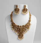 Gold-Plated Temple Jewelry Set with Lakshmi Necklace and Jhumka Earrings – Antique Finish Ruby & Emerald Bridal Jewelry for Weddings & Festivals
