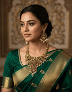 Gold-Plated Temple Jewelry Set with Lakshmi Necklace and Jhumka Earrings – Antique Finish Ruby & Emerald Bridal Jewelry for Weddings & Festivals