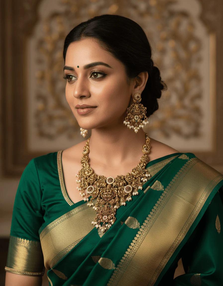 Gold-Plated Temple Jewelry Set with Lakshmi Necklace and Jhumka Earrings – Antique Finish Ruby & Emerald Bridal Jewelry for Weddings & Festivals