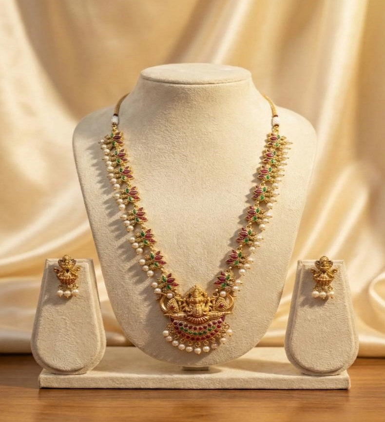 Gold-Plated Lakshmi Temple Jewellery Set for Women |Antique Finish with Ruby, Emerald & Pearl