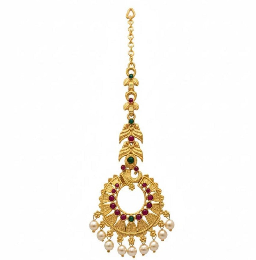 Traditional Gold Plated Maang Tikka – Red and Green Stone Ethnic Forehead Jewelry for Women