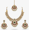 Kundan Bridal Necklace Set for Women – Red & Green Stone Wedding Jewellery with Maang Tikka