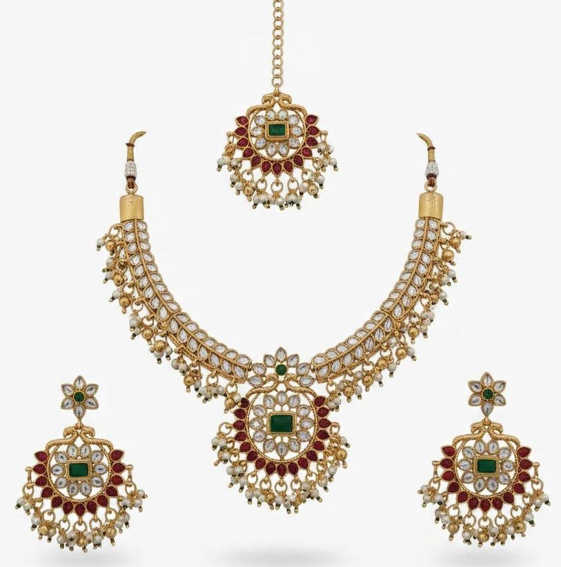 Kundan Bridal Necklace Set for Women – Red & Green Stone Wedding Jewellery with Maang Tikka