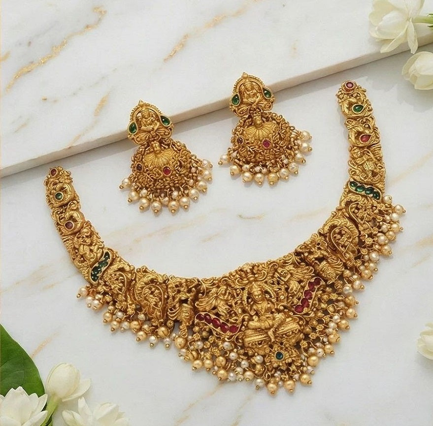 Traditional Indian Temple Jewelry Necklace Set with Goddess Lakshmi Design, Pearl Drops & Matching Jhumkas