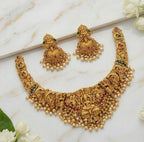 Traditional Indian Temple Jewelry Necklace Set with Goddess Lakshmi Design, Pearl Drops & Matching Jhumkas
