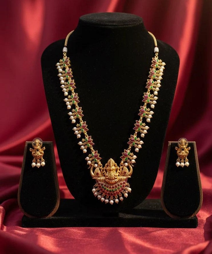 Gold-Plated Lakshmi Temple Jewellery Set for Women |Antique Finish with Ruby, Emerald & Pearl