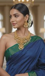 Gold-Plated Temple Jewelry Set with Lakshmi Necklace and Jhumka Earrings – Antique Finish Ruby & Emerald Bridal Jewelry for Weddings & Festivals